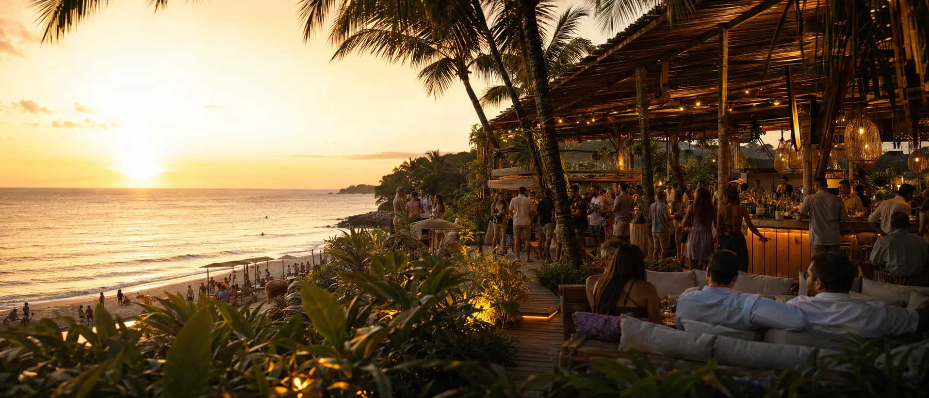Vista panorâmica do Red Beach Club ao pôr do sol